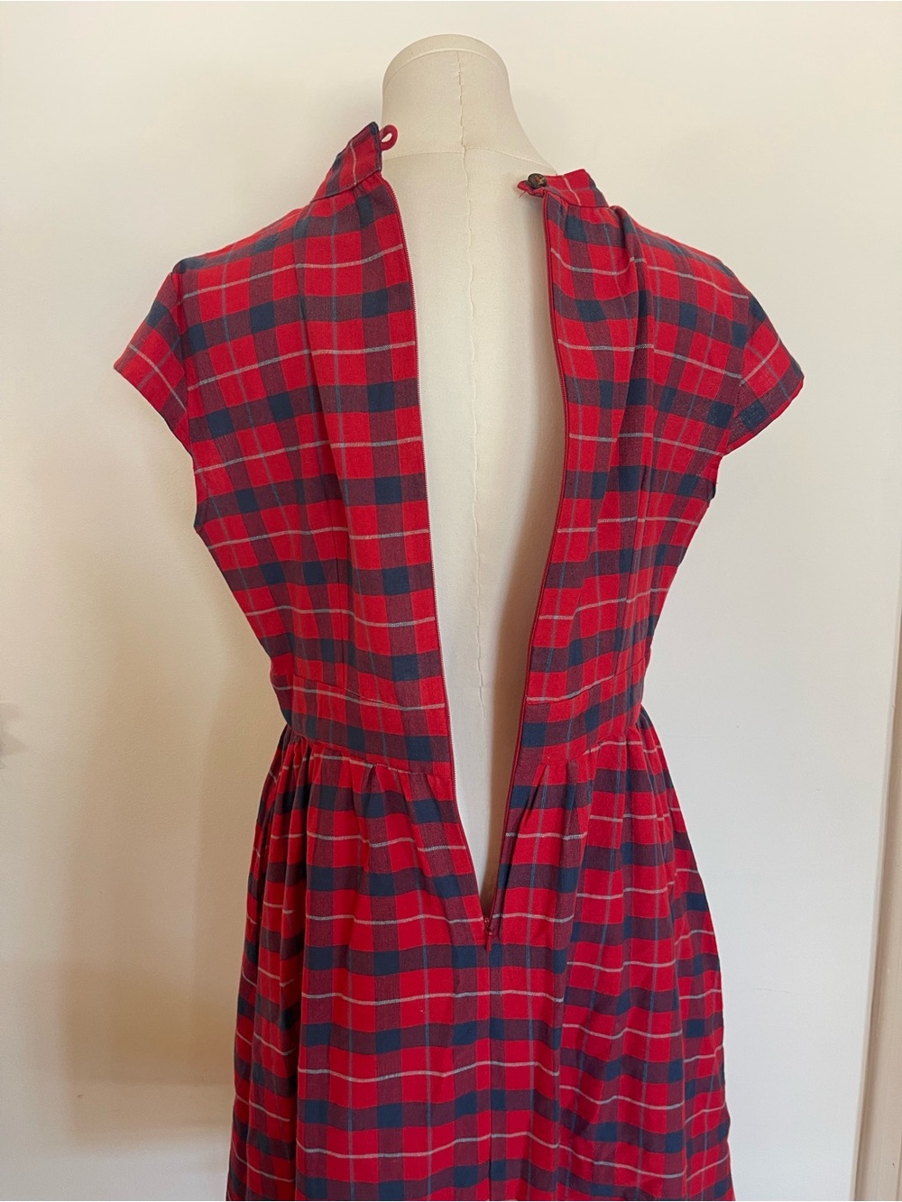 Retro Cotton Twee Red Blue Plaid Fit and Flare Dress Pockets Classic 1950's 60's - Picture 7 of 9
